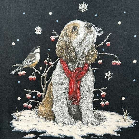 Jerzees Puppy Bird Snowflakes Winter Scene Sweatshirt Mock Neck Large Black Cozy - Picture 3 of 15